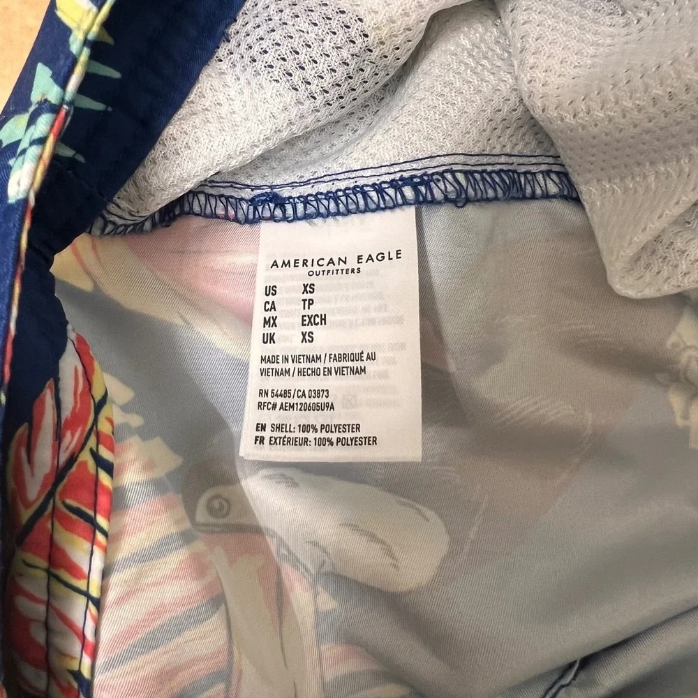 American Eagle Men's XS Blue Toucan Tropical Palm Print Swim Trunks Board Shorts